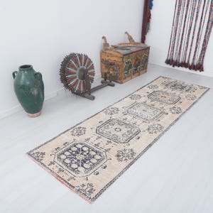 Vintage Oushak Runner Rug: 3x10 Turkish Anatolian Rug
