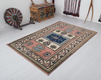 Vintage Oushak Wool Rug 5x7: Faded Turkish Anatolian Rug