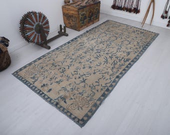 4x9 Turkish Oushak Wool Rug, Muted Colors Tribal Living Room Area Carpet