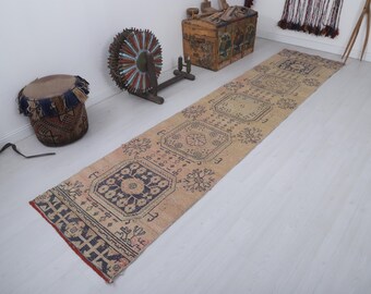 Vintage Oushak Runner Rug, Handmade Wool Anatolian Home Decor (3'x12')