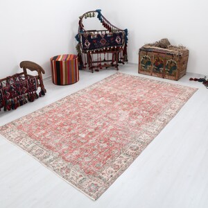 5x9 Vintage Oushak Rug: Handmade Wool, Faded Red Bohemian Decor