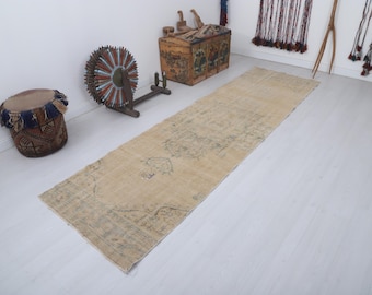 Vintage Oushak Runner Rug, Natural Wool Cotton, Turkish 3x10 ft