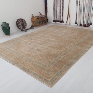 Oversize Wool Rug, 10x13 Rug, Brown Green Rug, 10x13 Oushak Rug, Handmade Wool Rug, Antique Rug,10x13 Vintage Rug,Muted Colors Rug, 4156
