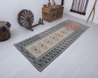 Vintage Oushak Runner Rug, 100% Wool, 8.4x3.2 ft, Neutral Tones