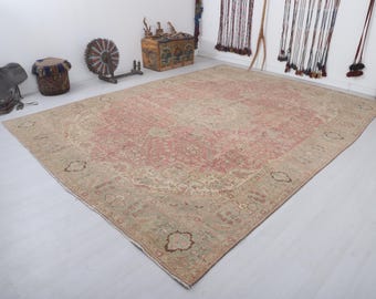 Handmade Wool Oushak Rug, Vintage Turkish Oversize Carpet 10x13 ft