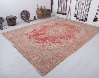Handmade Oushak Rug, Vintage Turkish Anatolian Carpet, Bohemian Oversize Natural Wool Cotton