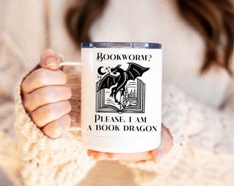 book mug, insulated mug, book merch, bookstagram, booktok, reading mug, fantasy book, bookworm, book dragon, book gift, book club