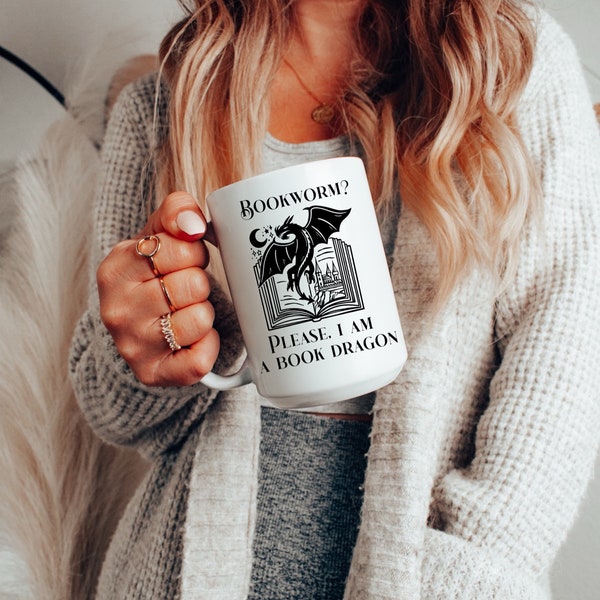 book mug, 15 oz mug, book merch, bookstagram, booktok, reading mug, fantasy book, bookworm, book dragon, book gift, reader gift