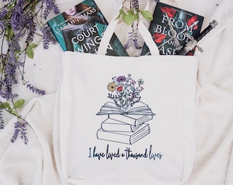 reading bag, reading tote, book bag, book tote, library book bag, library tote bag, bookish bag, tbr bag, i have lived a thousand lives