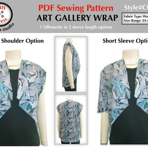 May include: A PDF sewing pattern for an Art Gallery Wrap, featuring two sleeve length options: drop shoulder and short sleeve. The pattern is for woven fabric and comes in sizes XS-M and M-XL.