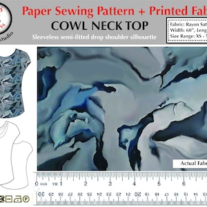 Fabric and Pattern Bundle - Printed  pattern & Digitally printed rayon satin fabric (1 yard) - women&#39;s cowl neck top - sizes XS-XL
