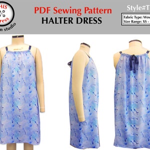 May include: A PDF sewing pattern for a halter dress with a blue and white print. The pattern is available in sizes XS to XL and is suitable for woven or knit fabrics. The pattern is called "This Dress" and the style number is T0126.