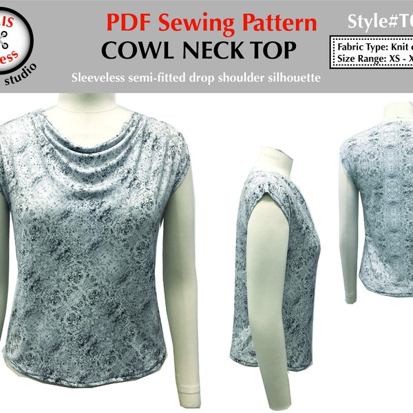 PDF sewing pattern instant digital download women's cowl neck top - easy to sew - flattering for all body types - sizes XS-XL