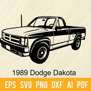 May include: A black and white silhouette of a 1989 Dodge Dakota pickup truck. The truck is facing the viewer and has a long bed. The image is a digital illustration.