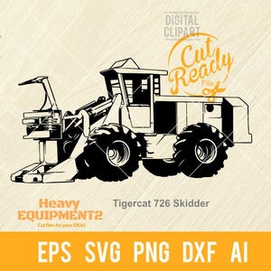 May include: Black and white silhouette of a Tigercat 726 Skidder, a type of heavy equipment used in forestry. The skidder is shown in profile, with its large wheels and tracks visible. The text "Cut Ready File" is also visible in the image.
