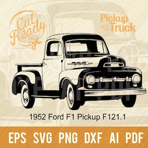Puede incluir: Silueta en blanco y negro de una camioneta Ford F1 Pickup de 1952. La camioneta tiene una caja larga y una gran parrilla delantera. El texto "Cut Ready File" y "Pickup Truck" es visible en la imagen.