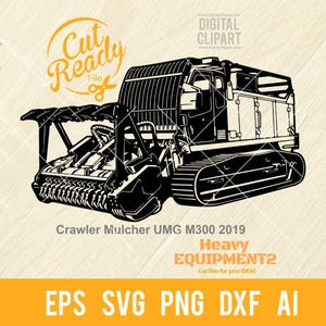 May include: Black and white silhouette of a crawler mulcher, a type of heavy equipment used for clearing vegetation. The machine has a large, tracked chassis and a rotating drum with blades. The text "Crawler Mulcher UMG M300 2019" and "Heavy Equipment2" is visible below the image.