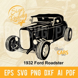 Könnte beinhalten: Schwarz-weiße Silhouette eines 1932 Ford Roadster. Das Auto ist ein klassischer Hot Rod mit einem Cabrio-Verdeck und großen Rädern. Das Bild ist mit "Classic Cars Set 2" und "1932 Ford Roadster" beschriftet.