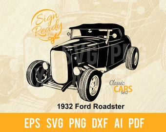 May include: Black and white silhouette of a 1932 Ford Roadster. The car is a classic hot rod with a convertible top and large wheels. The image is labelled "Classic Cars Set 2" and "1932 Ford Roadster".