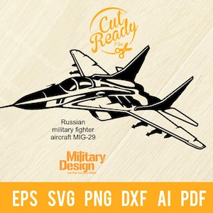 Puede incluir: Silueta en blanco y negro de un avión de combate MIG-29 ruso. La imagen está etiquetada como "Cut Ready File" y "Military Design".