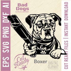 Boxeador malo con pistola SVG - Perro malo - Perro gánster. Archivo de corte vectorial para mascotas, plantilla de silueta de perro - Archivo Cricut eps, png, DXF, PDF