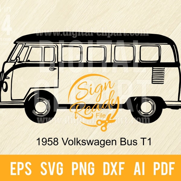 Klassische T1 Bus 1950 SVG Vektor-Clipart | Schnittfertig Clip Art Grafik|Digitaler Download|CNC Dateien Vinyl Schild Design|svg, eps, dxf, png
