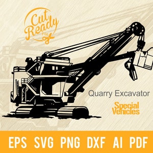 Può includere: Silhouette in bianco e nero di un grande escavatore da cava con un braccio lungo e una benna. Il testo "Quarry Excavator" e "Special Vehicles" è sotto l'escavatore. Il testo "Cut Ready File" è nell'angolo in alto a sinistra dell'immagine.