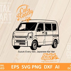 Op de afbeelding: Een zwart-witte lijntekening van een Suzuki Every bestelwagen, een Japanse Kei-bestelwagen. De afbeelding toont het voertuig in een driekwart aanzicht, met de grille, koplampen, zijdeur en wielen. De tekst luidt Cut Ready File.