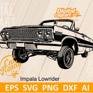 Op de afbeelding: Een zwart-witte digitale illustratie van een klassieke cabriolet, een Impala lowrider, met een gedetailleerde grille, dubbele koplampen en een verlaagde ophanging. De afbeelding bevat de tekst Digital clipart en Cut Ready File.
