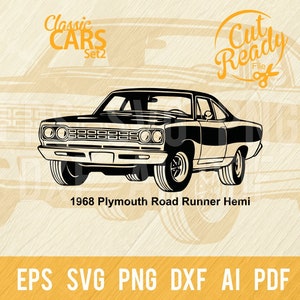 1968 Plymouth Road Runner Hemi SVG / Auto d'epoca svg / Grafica clip art pronta per il taglio / Download digitale / File CNC Vinile svg, dxf, png