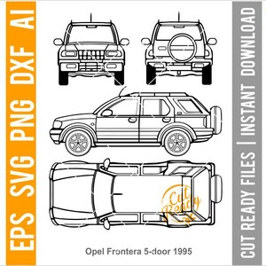 May include: Line art illustration of a 1995 Opel Frontera 5-door SUV in four different views: front, back, side, and top. The illustration is in black and white.