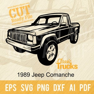 Puede incluir: Ilustración en blanco y negro de una camioneta Jeep Comanche de 1989. La imagen incluye el texto "Classic Trucks" y "1989 Jeep Comanche". La imagen también incluye el texto "CUT Ready File" y "EPS SVG PNG DXF AI PDF".