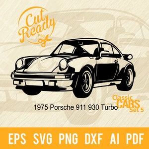 Pode incluir: Silhueta em preto e branco de um carro Porsche 911 930 Turbo de 1975. O carro está virado para o lado direito da imagem. O texto "Classic Cars Set 5" está abaixo do carro. O texto "Cut Ready File" está no canto superior direito da imagem.