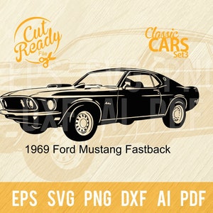 1969 Ford Mustang Fastback SVG / Classic Cars SVG Muscle Cars Cut Ready Clip Art / Digital Download/CNC Files Vinile SVG, DXF, PNG