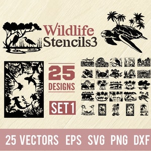 Wildlife Schablonen SVG, BUNDLE - 25 Designs für Laserschneiden, Laserschneiden, cnc, dxf Silhouette, SVG für Cricut, Holz Wandkunst, Metallplatte