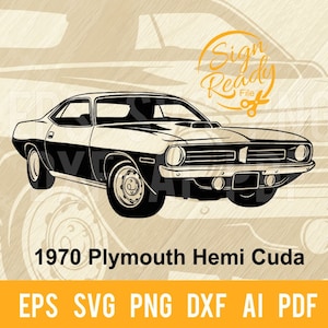 May include: Black and white silhouette of a 1970 Plymouth Hemi Cuda muscle car. The car is facing forward with the front wheels turned slightly to the right. The car has a black stripe running along the side. The text "Sign Ready File" is in a circle in the upper right corner of the image.