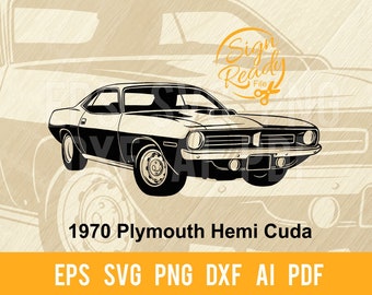 May include: Black and white silhouette of a 1970 Plymouth Hemi Cuda muscle car. The car is facing forward with the front wheels turned slightly to the right. The car has a black stripe running along the side. The text "Sign Ready File" is in a circle in the upper right corner of the image.