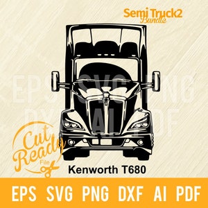 May include: Black and white silhouette of a Kenworth T680 semi truck. The truck is facing forward with the headlights and grill visible. The text "Cut Ready File" is in a circle with scissors below it. The text "Kenworth T680" is below the truck. The text "Semi Truck2 Bundle" is at the top of the image.