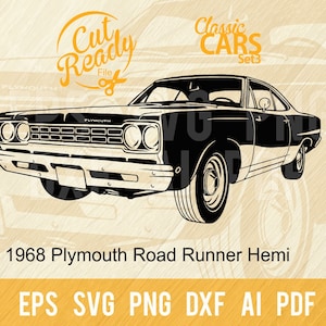 1968 Plymouth Road Runner Hemi SVG / Classic Cars SVG Muscle Cars Cut Ready Clip Art / Digital Download/CNC File Vinile SVG, DXF, PNG