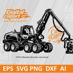 Pode incluir: Uma ilustração gráfica a preto e branco de uma colhedora florestal de rodas John Deere 1270H. O maquinário pesado apresenta um grande braço articulado com cabeçote processador, seis pneus robustos e uma cabine. O texto 1270H Wheeled Harvester John Deere é visível.
