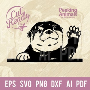May include: Black and white silhouette of an otter peeking over a surface and waving with its right paw. The text "Cut Ready File" and "Peeking Animals Cut files for your IDEAS" is visible in the image.