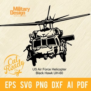 Może przedstawiać: Czarno-biała sylwetka helikoptera Black Hawk UH-60 Sił Powietrznych Stanów Zjednoczonych. Helikopter jest skierowany przodem, widoczne są łopaty wirnika. Pod helikopterem znajduje się tekst "US Air Force Helicopter Black Hawk UH-60".