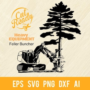 Peut inclure: Silhouette noire et blanche d'un abatteuse-groupeuse, un type d'équipement lourd utilisé en foresterie, abattant un arbre. Le texte "Cut Ready File" et "Heavy Equipment Feller Buncher" est également inclus dans l'image.