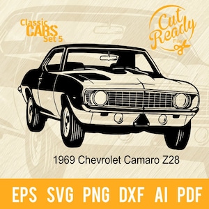 1969 Chevrolet Camaro Z28 SVG / Classic Cars SVG Muscle Cars Cut Ready Clip Art Grafica / Download digitale/File CNC Vinile SVG, DXF, PNG