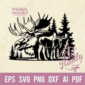 Alce SVG, Paisaje forestal svg, caza SVG Plantilla, Corte SVG, imágenes prediseñadas, Corte por plasma - Cortar archivo para Cricut, planchar, png, dxf