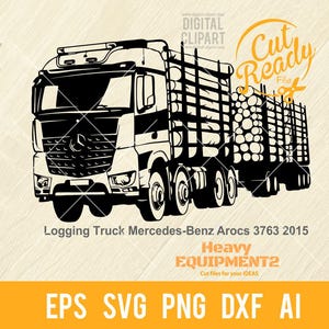 May include: Black and white silhouette of a logging truck, a Mercedes-Benz Arocs 3763 2015, hauling a load of logs. The truck has a large cab and a long trailer with a wooden frame for carrying logs. The text "Cut Ready File" is in a circle above the truck.