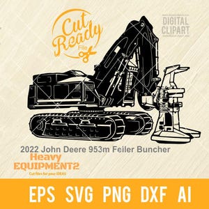May include: Black and white silhouette of a John Deere 953m Feiler Buncher, a heavy equipment machine used for forestry work. The machine has a large arm with a grapple, a tracked undercarriage, and a cab. The text "Cut Ready File" is in a circle above the machine.