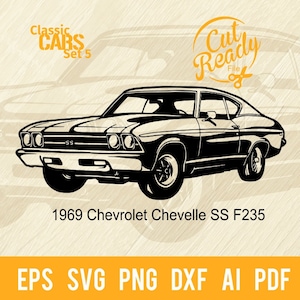 May include: Black and white silhouette of a 1969 Chevrolet Chevelle SS F235 car. The car is facing the viewer with the front wheels turned slightly to the left. The car has a classic muscle car design with a long bonnet and a short rear deck. The car is labelled "Classic CABS Set 5" and "Cut Ready File".
