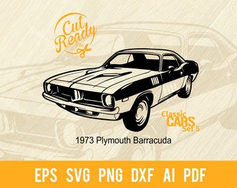 May include: Black and white silhouette of a 1973 Plymouth Barracuda muscle car. The car is facing the viewer with the front grill and headlights visible. The text "Cut Ready File" and "Classic Cars Set 5" are also visible in the image.