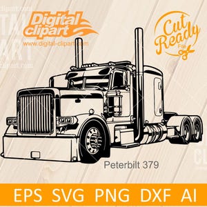 Op de afbeelding: Zwart-wit illustratie van een Peterbilt 379 vrachtwagen. De afbeelding bevat de tekst "Peterbilt 379" en bestandstype opties: EPS, SVG, PNG, DXF en AI. Geschikt voor digitale kunstprojecten.